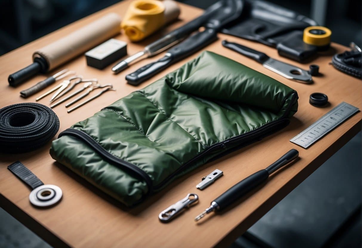A torn synthetic sleeping bag is being repaired with a needle and thread, alongside a set of DIY repair tools and resources