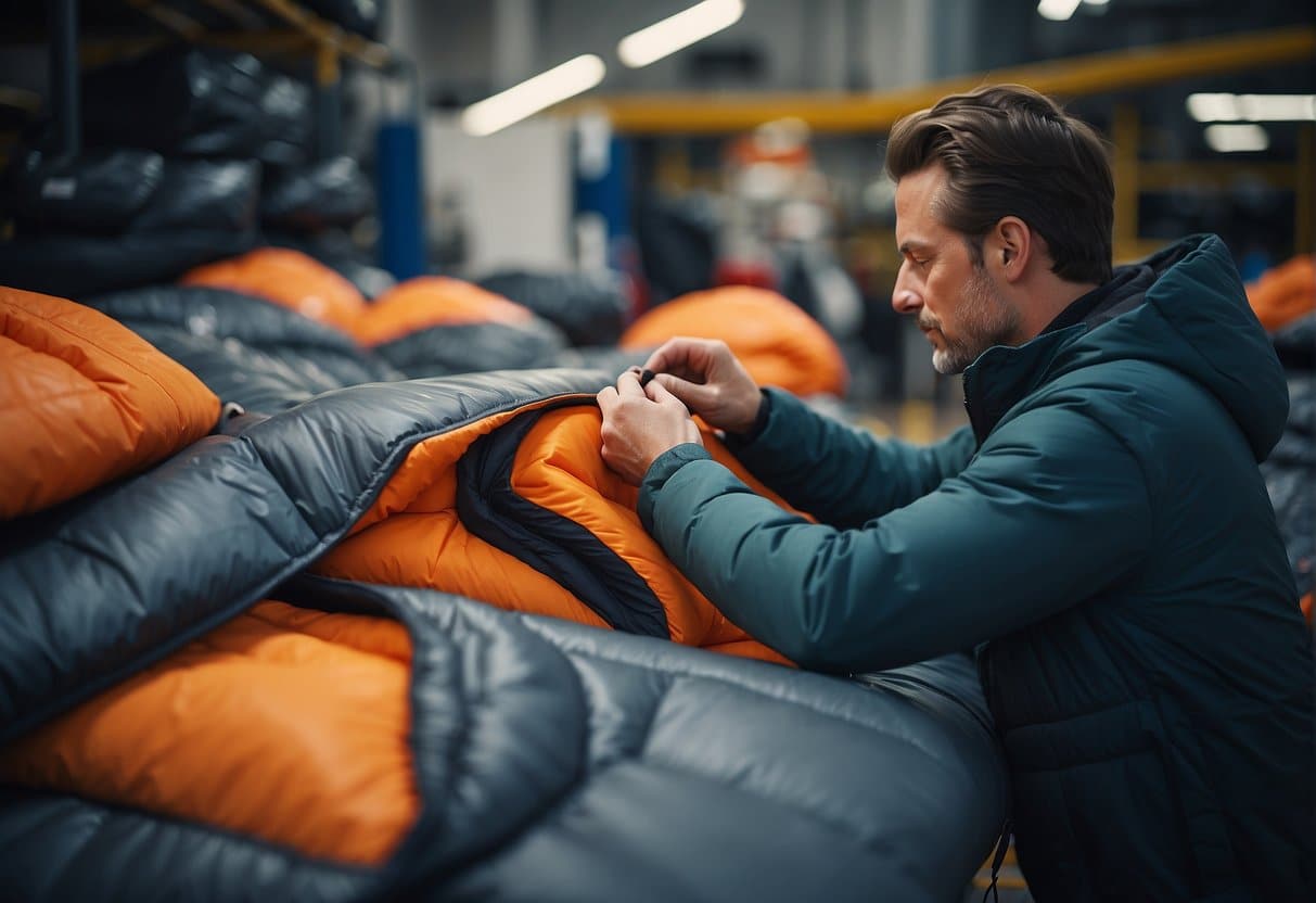 A person repairing a synthetic sleeping bag with DIY tips and manufacturer information, avoiding waste