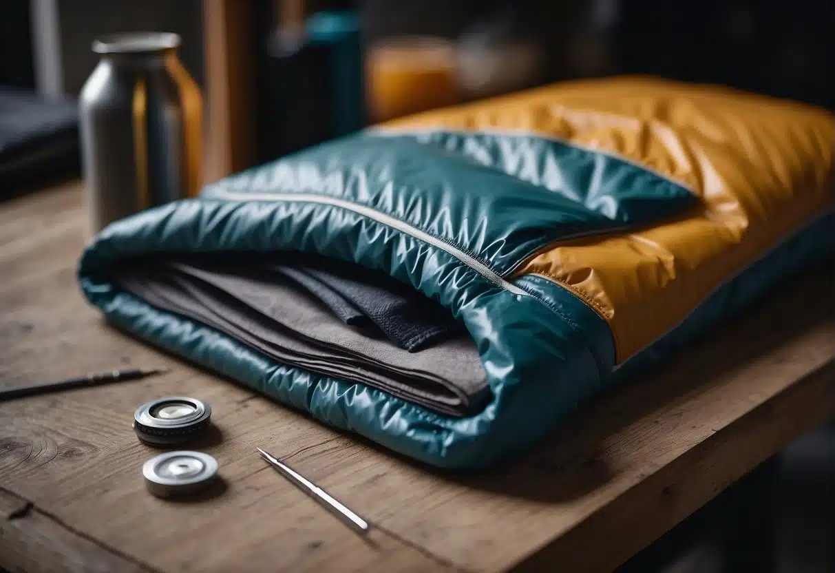 DIY-Reparaturtipps für Ihren Kunstfaserschlafsack: Nie wieder wegschmeißen! 8 A torn synthetic sleeping bag is being repaired with a needle and thread, while a guidebook on DIY repairs sits nearby