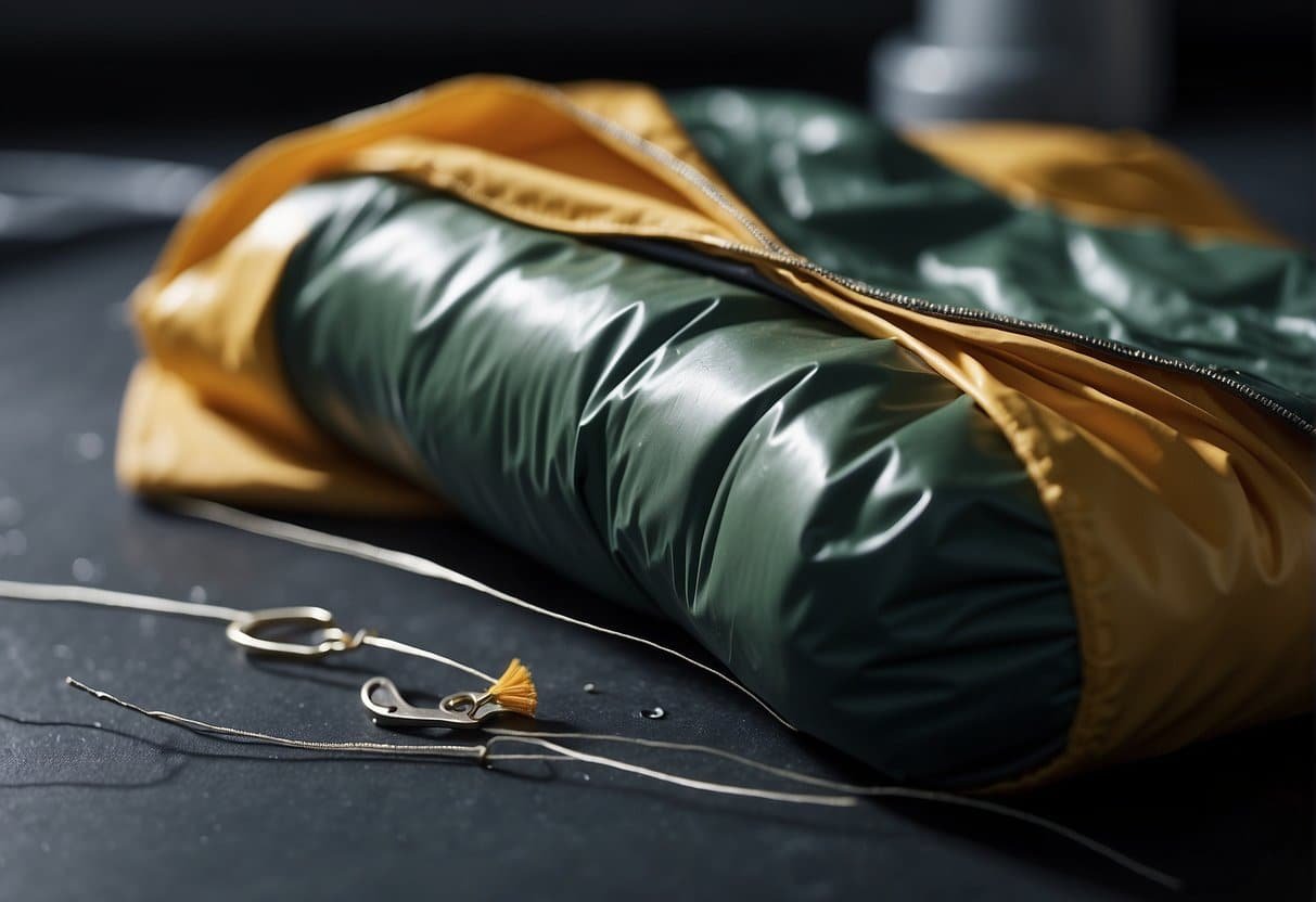 Kunstfaserschlafsack reparieren: Rettung für Risse und Löcher 1 A torn synthetic sleeping bag is laid out on a flat surface. A needle and thread are visible, ready for repair. Light shines through the holes, highlighting the damage