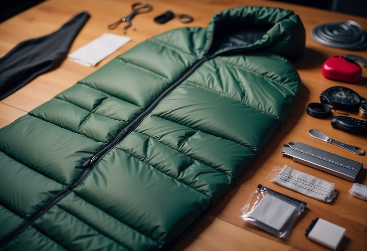 Kunstfaserschlafsack reparieren: Rettung für Risse und Löcher 2 A synthetic sleeping bag being repaired with patches and stitching, with tools and materials laid out on a flat surface