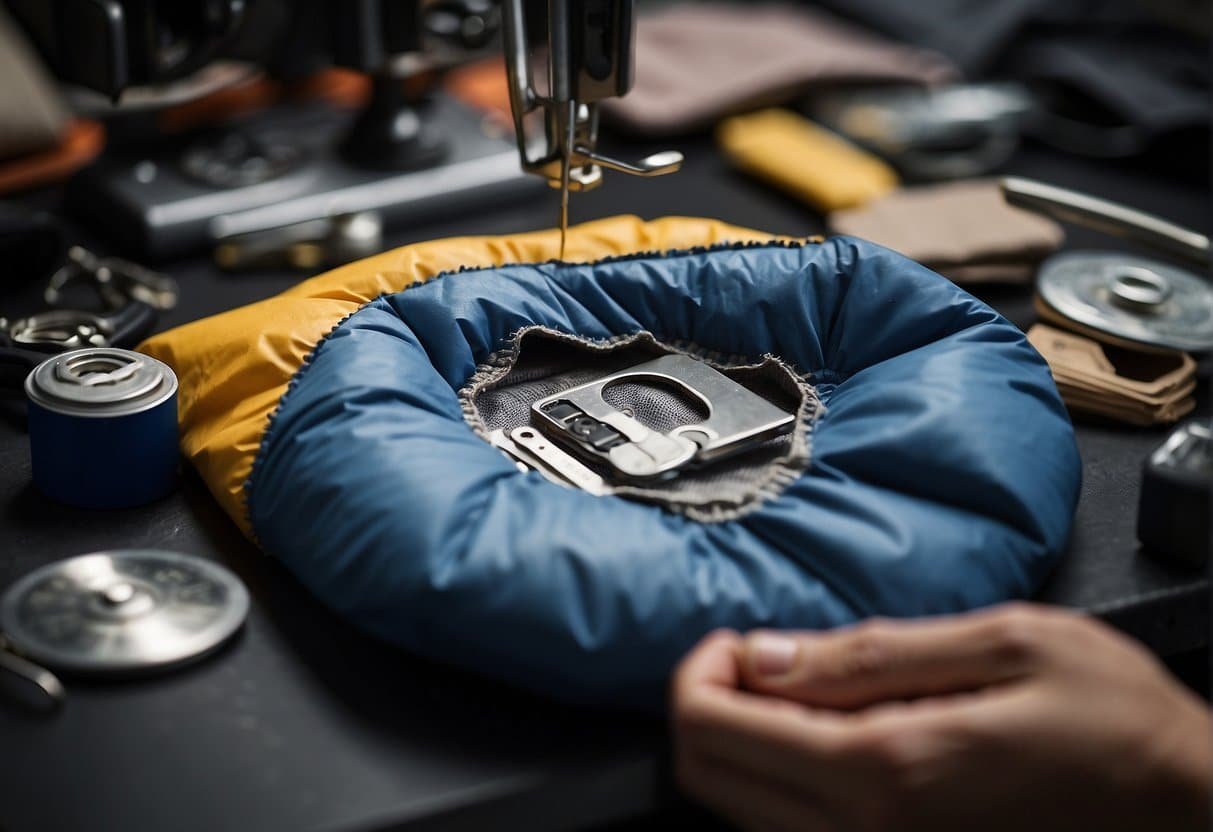 Kunstfaserschlafsack reparieren: Rettung für Risse und Löcher 4 A torn synthetic sleeping bag is repaired with a patch and adhesive, demonstrating the process of fixing common damage