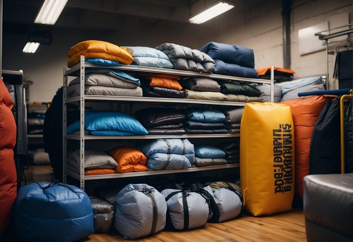 A neatly organized storage space with a well-maintained synthetic sleeping bag, free of wrinkles and debris