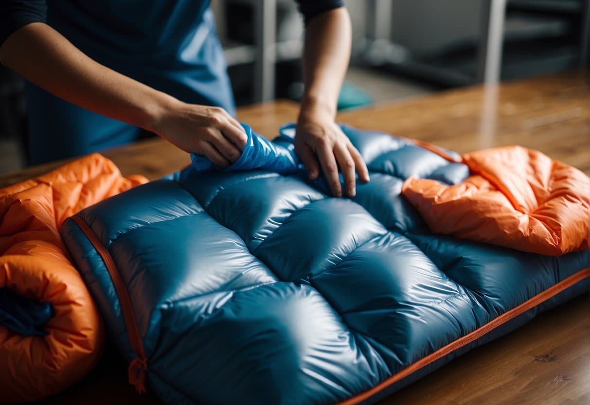 A person carefully cleaning and storing a synthetic sleeping bag to keep it in pristine condition