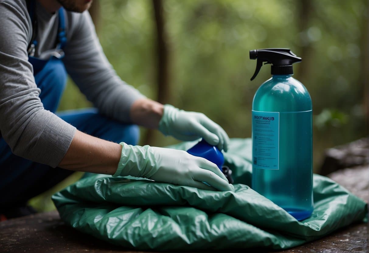 A hand holding a brush and cleaning solution, gently scrubbing a synthetic sleeping bag. A bottle of waterproofing spray sits nearby
