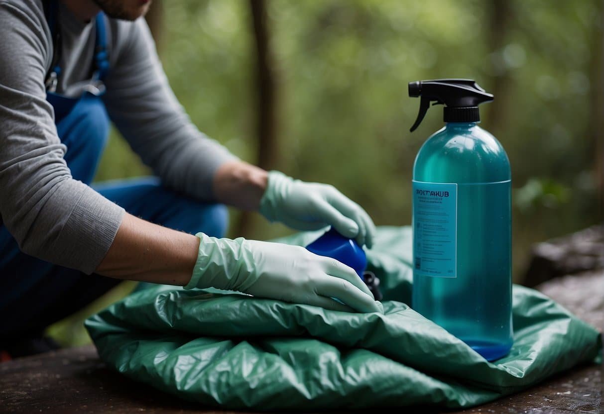 Kunstfaserschlafsäcke: Pflege-Tipps für eine längere Lebensdauer 4 A hand holding a brush and cleaning solution, gently scrubbing a synthetic sleeping bag. A bottle of waterproofing spray sits nearby
