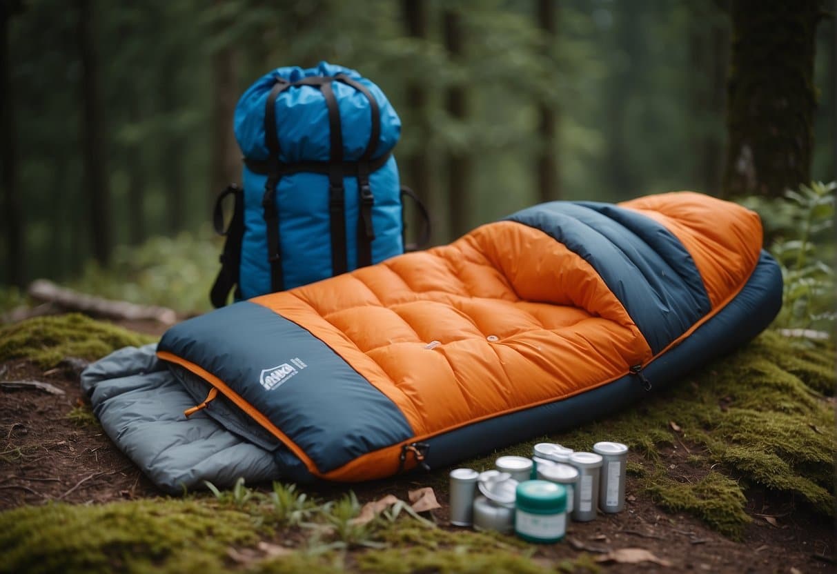 A well-maintained synthetic sleeping bag with camping gear and care products, surrounded by nature