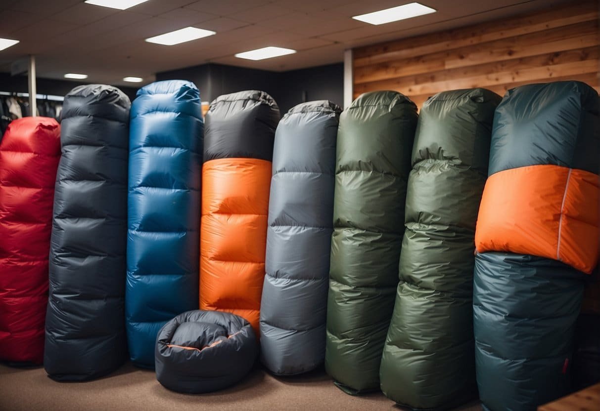 Kunstfaserschlafsäcke: Pflege-Tipps für eine längere Lebensdauer 3 Scene: Outdoor camping setup with a synthetic sleeping bag being prepared and protected. Illustrate care and maintenance tips for the sleeping bag