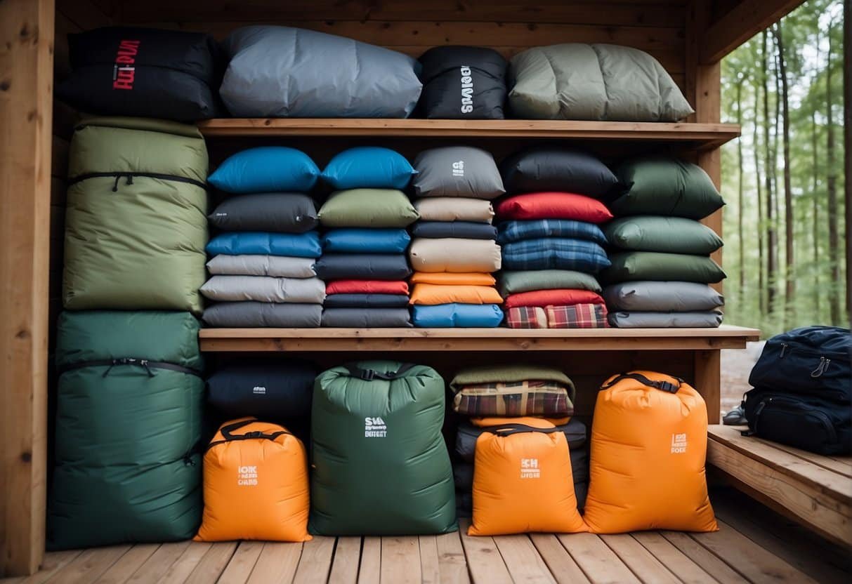 A well-maintained synthetic sleeping bag hangs on a line, surrounded by camping gear and nature