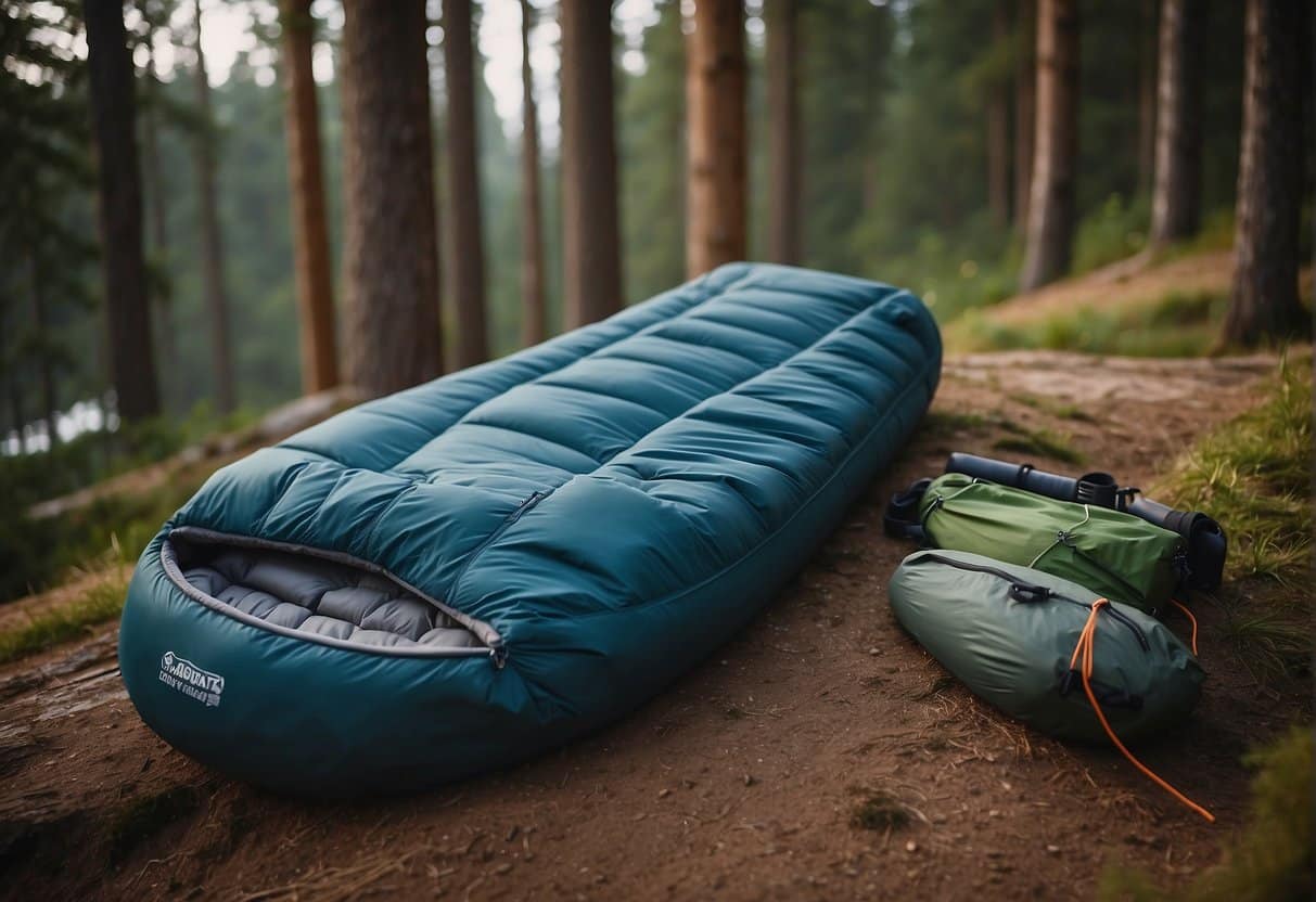 A well-maintained synthetic sleeping bag surrounded by camping gear, showing durability and longevity