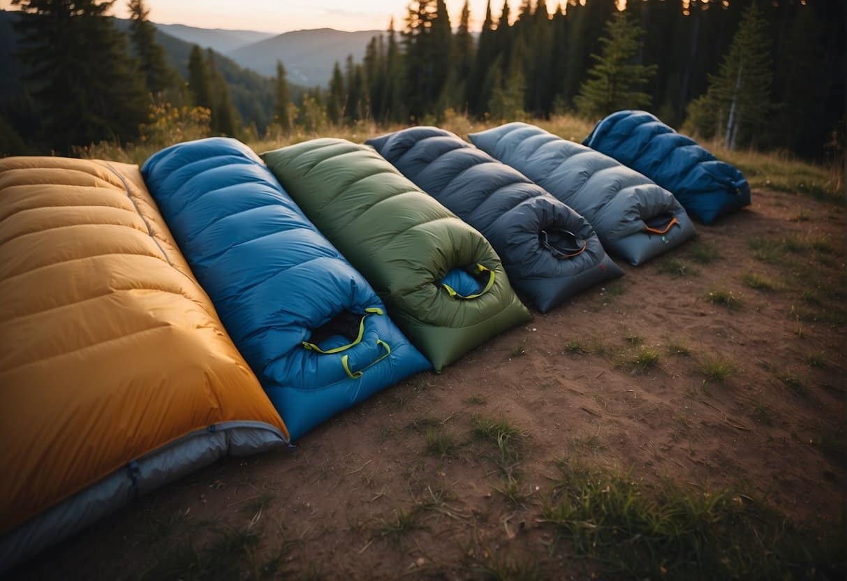 A cozy campsite with five different types of synthetic sleeping bags laid out, each labeled for a specific season. The bags are surrounded by nature, with trees and a clear night sky above