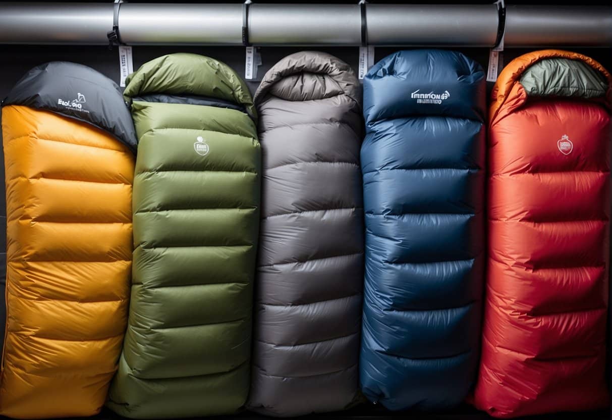 A display of the top 5 synthetic sleeping bags for all seasons, with a comprehensive guide, titled "Buying Guide: What to Look For."
