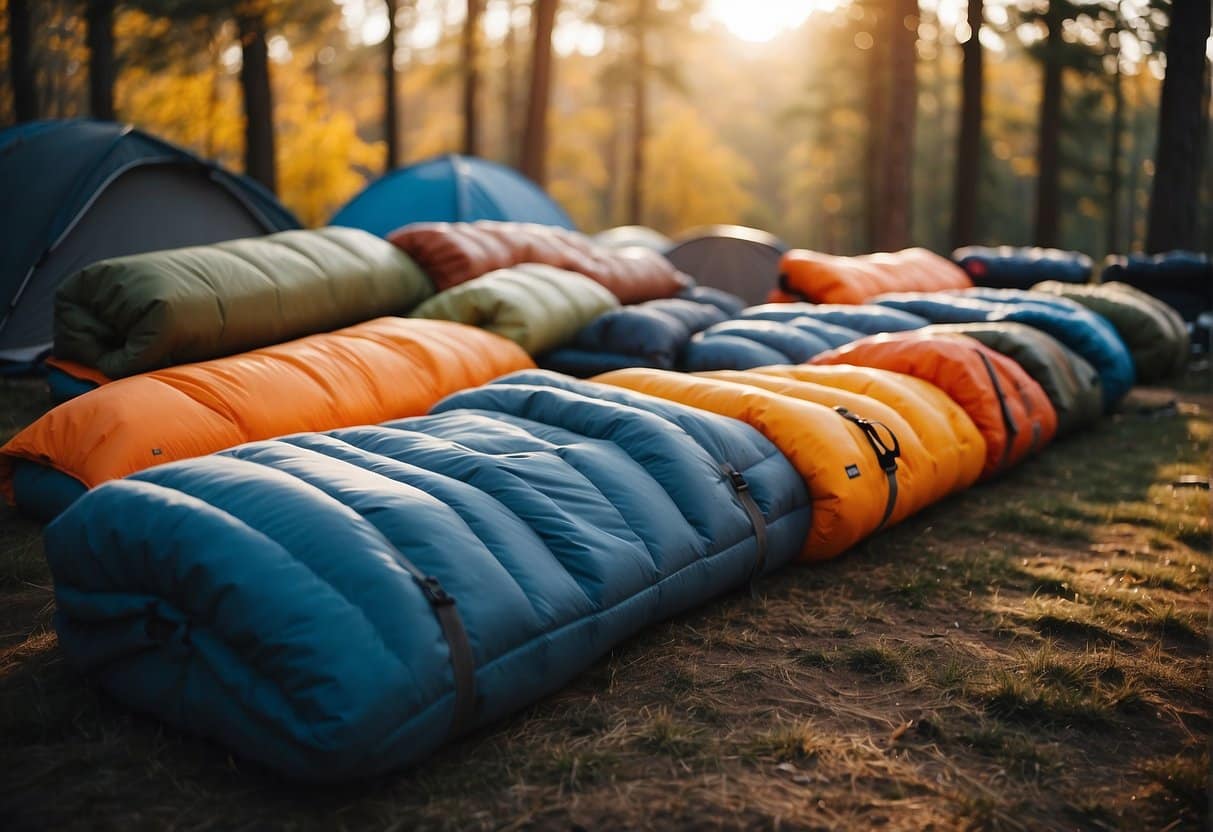 A cozy campsite with five different types of synthetic sleeping bags displayed in a row, each labeled with their respective season suitability