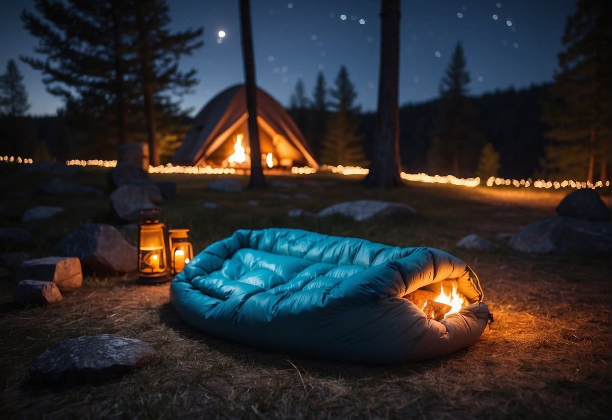 A cozy, insulated sleeping bag surrounded by outdoor gear and a glowing campfire. The stars twinkle above, creating a peaceful and serene atmosphere