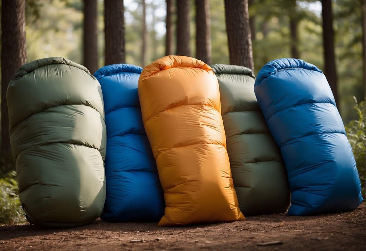 A group of synthetic sleeping bags laid out in a row, with a thermometer nearby showing a warm temperature