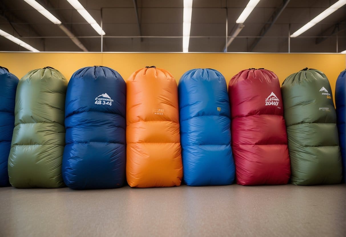 A colorful array of synthetic sleeping bags, labeled "2024 Comparison," is spread out in a camping gear store