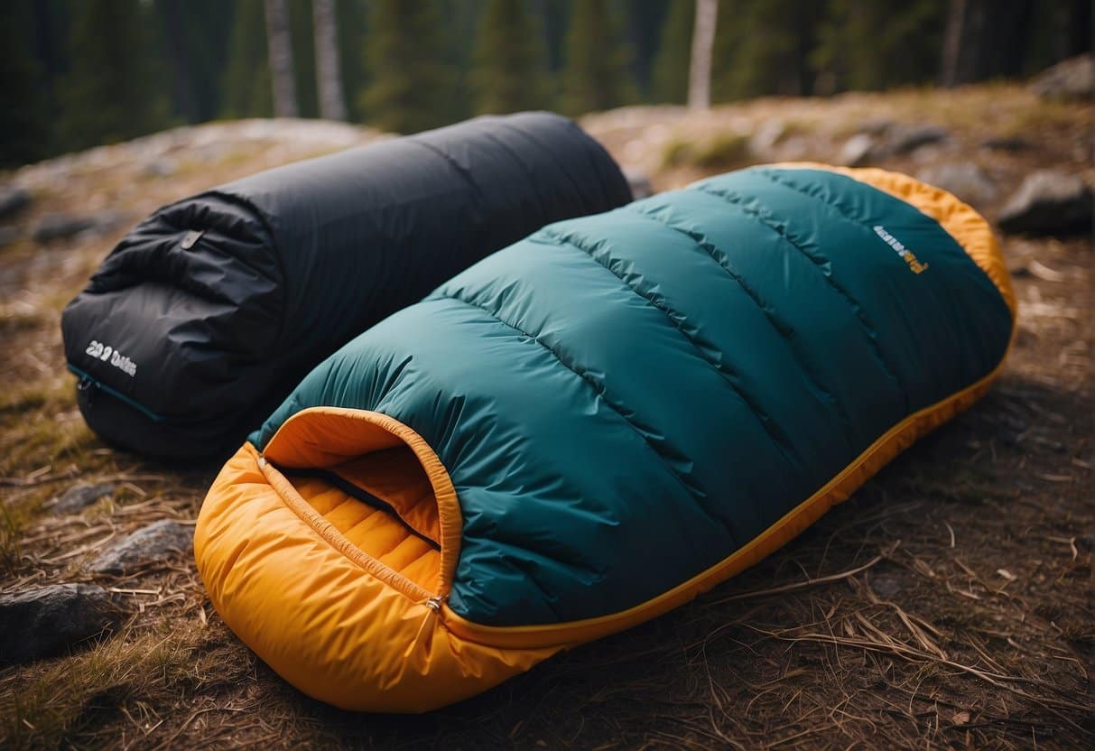 A synthetic sleeping bag lies open, surrounded by various outdoor gear. The bag's label prominently displays "2024 Comparison" in bold letters