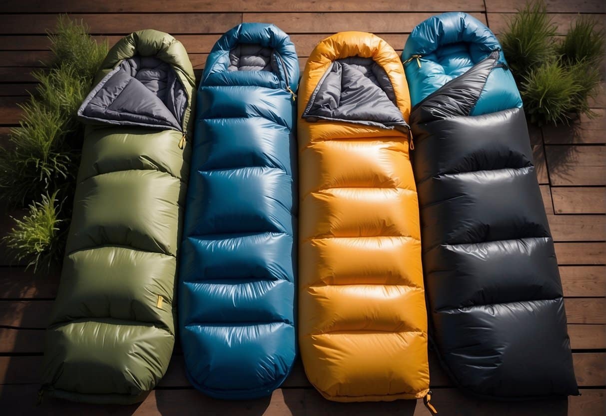 A lineup of top 2024 synthetic sleeping bags for an illustration