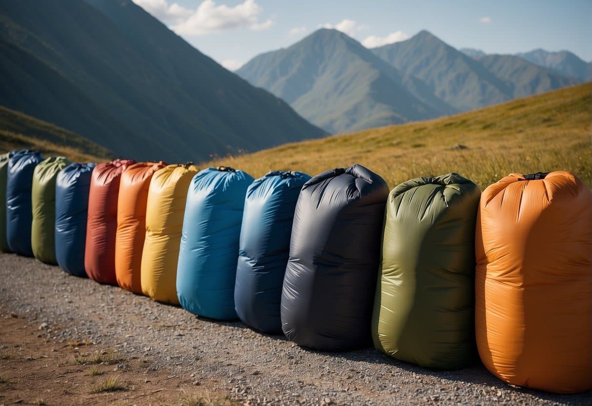 A colorful array of synthetic sleeping bags lined up in a row, with various sizes and designs, set against a backdrop of a mountainous landscape