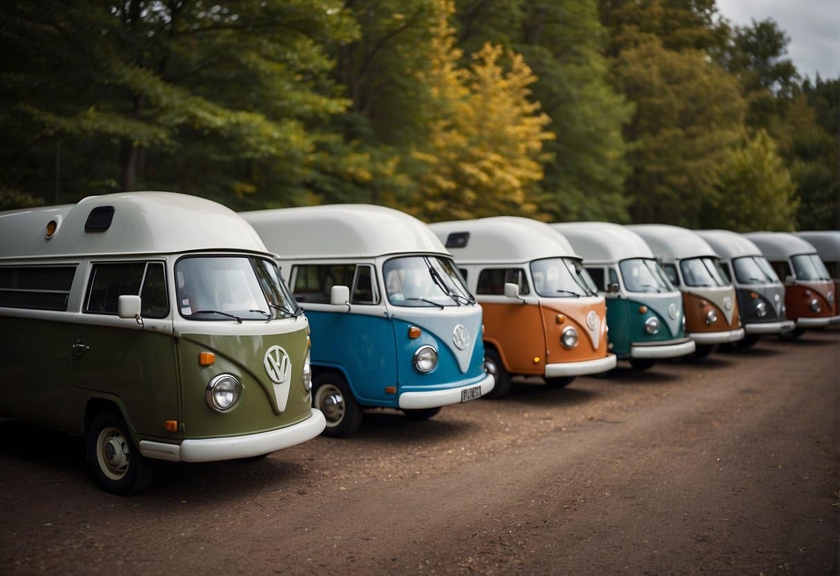 A diverse array of camper vans, catering to every budget, lined up in a row, each one showcasing its unique features and design