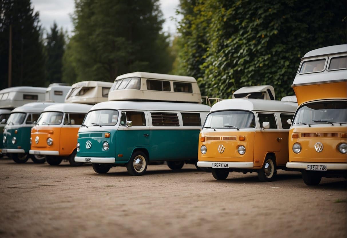 A variety of camper vans lined up, each with a price tag, representing different budgets