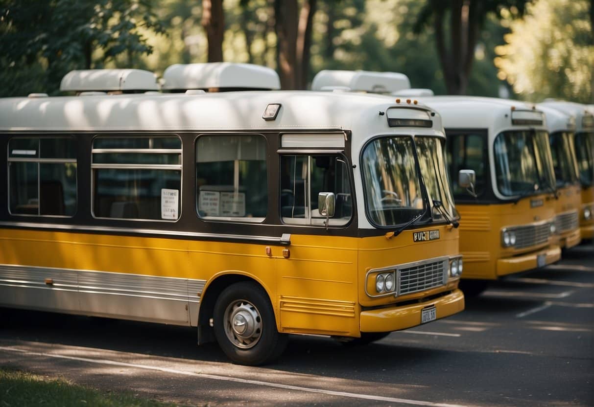 A lineup of camping buses, varying in size and features, with price tags displayed. Choose your dream model