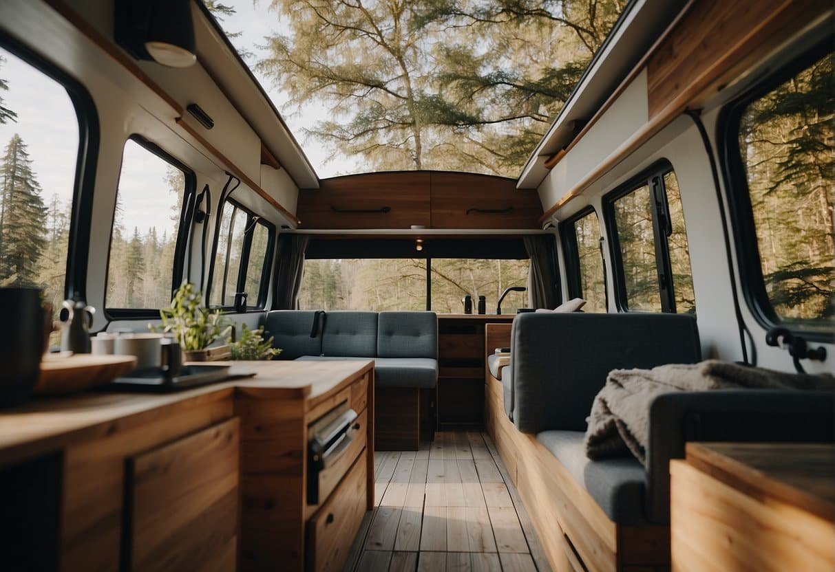A camping bus surrounded by nature, with a cozy interior and modern design features