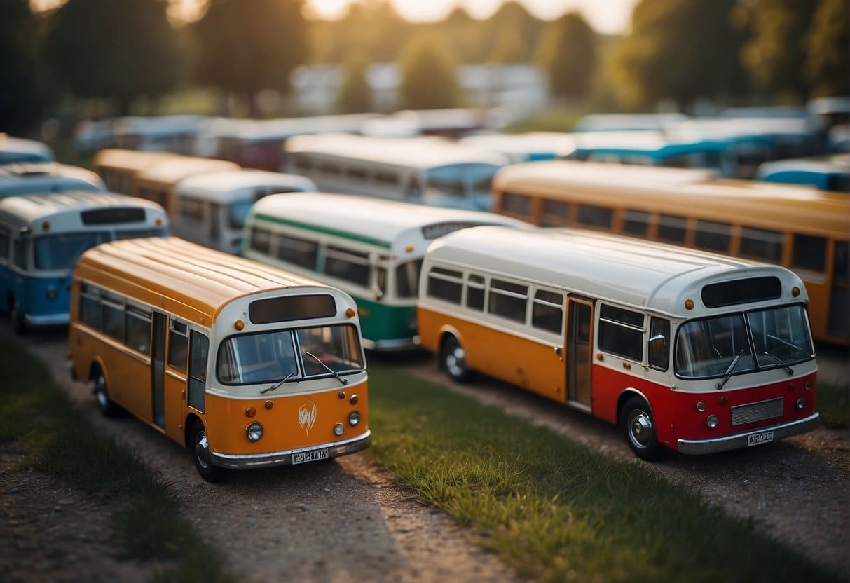 A variety of camping buses lined up with price tags, representing different budgets
