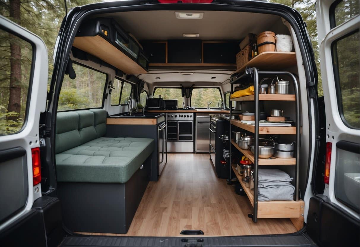 A fully equipped camping bus from A to Z, with all the essential gear neatly organized and stored in its designated spaces