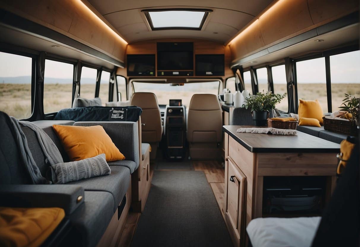 A neatly organized camping bus interior with packing tips and essential gear arranged from A to Z