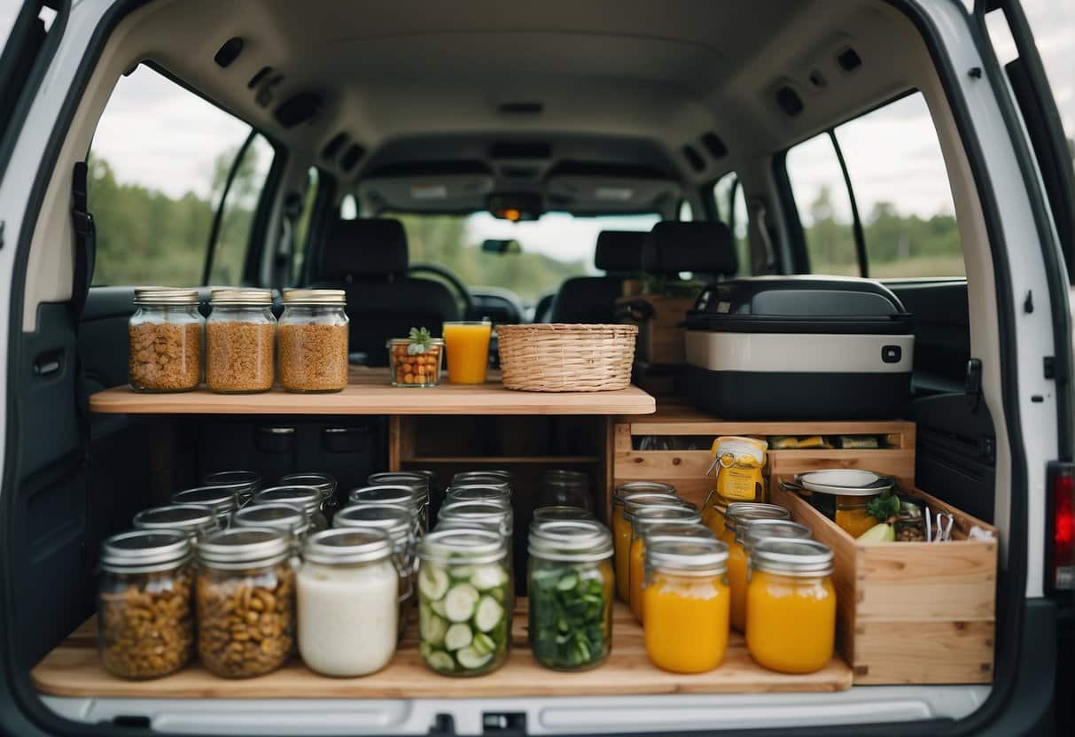 A fully stocked camping van with cooking supplies and food neatly organized and ready for a trip