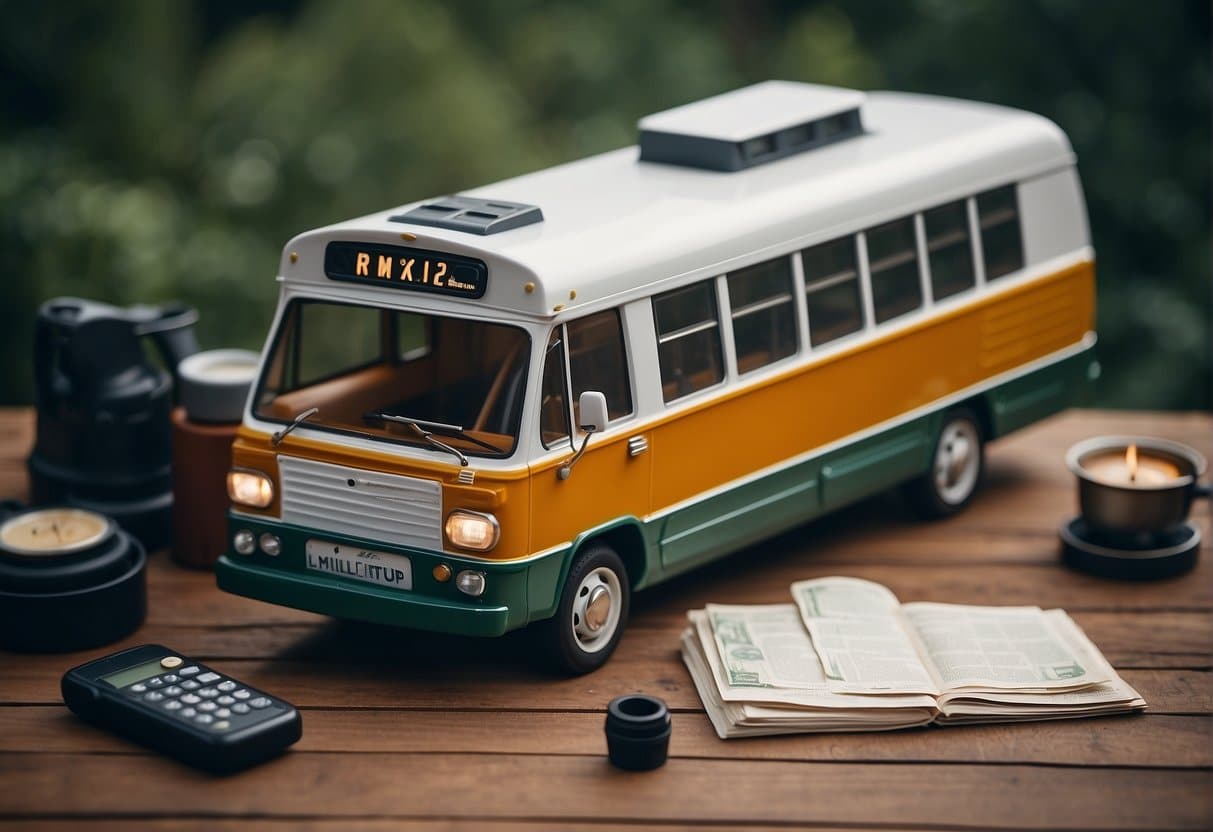 A fully equipped camping bus with a complete list of finances and budget planning items on board, ready for the perfect trip