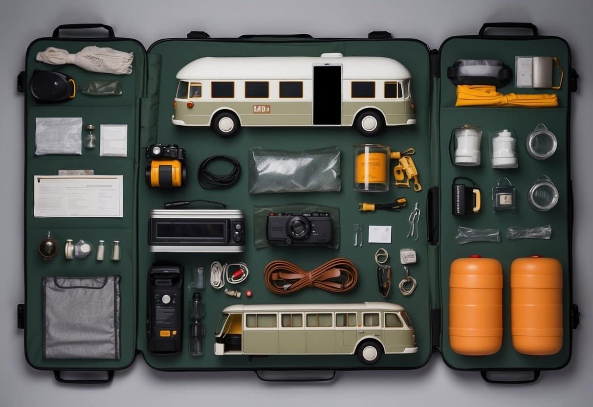 A fully equipped camping bus with safety and emergency gear on board. Checklist displayed with all items neatly organized