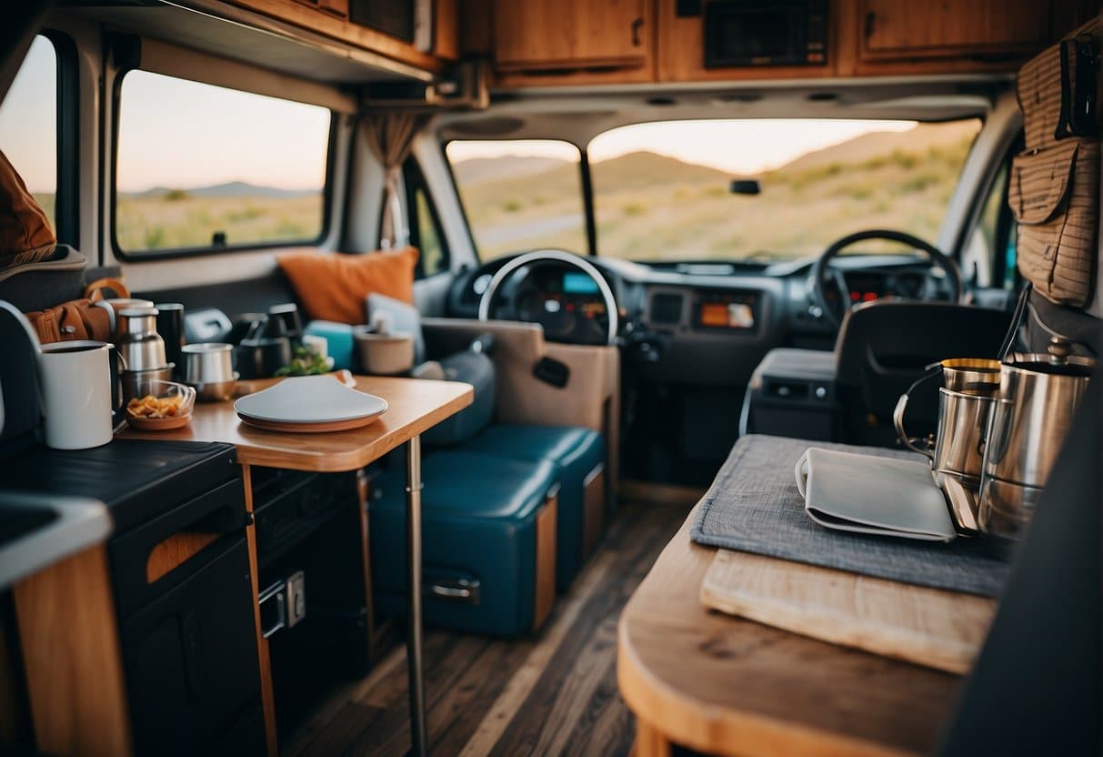 A fully stocked camping bus with apps and resources neatly organized for a perfect trip