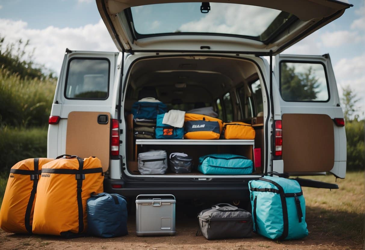 A camper packing safety and emergency gear into a campervan, following a checklist