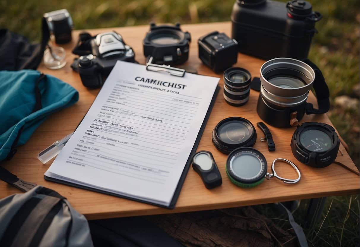 A camping checklist laid out on a table, surrounded by camping gear and a camper van in the background