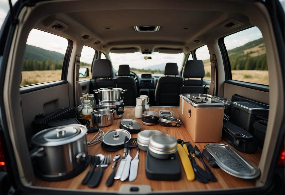 A compact camping van kitchen being packed with utensils and supplies, organized and ready for travel