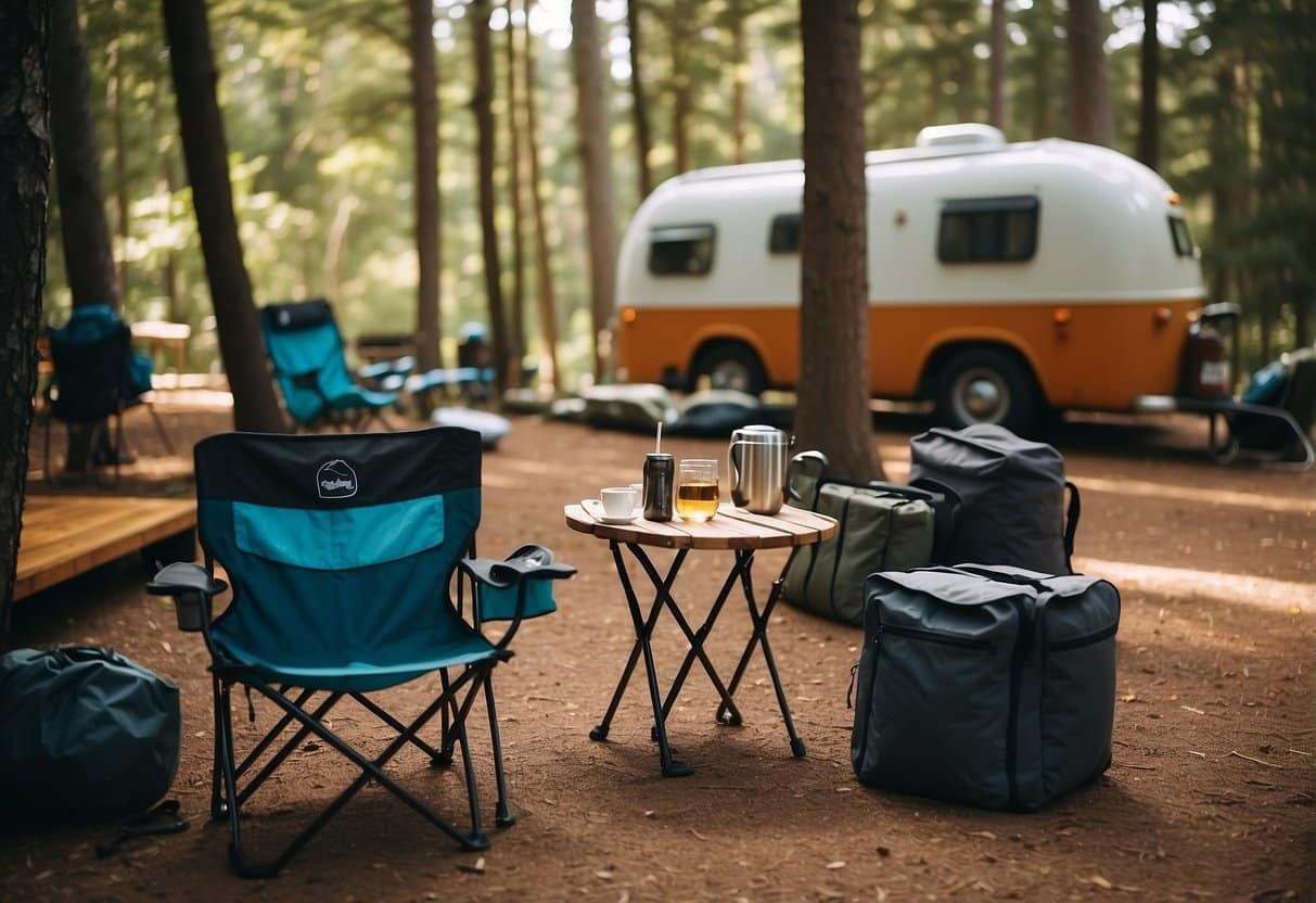 A camping scene with packed furniture and equipment, including chairs, tables, and a checklist for a camping bus