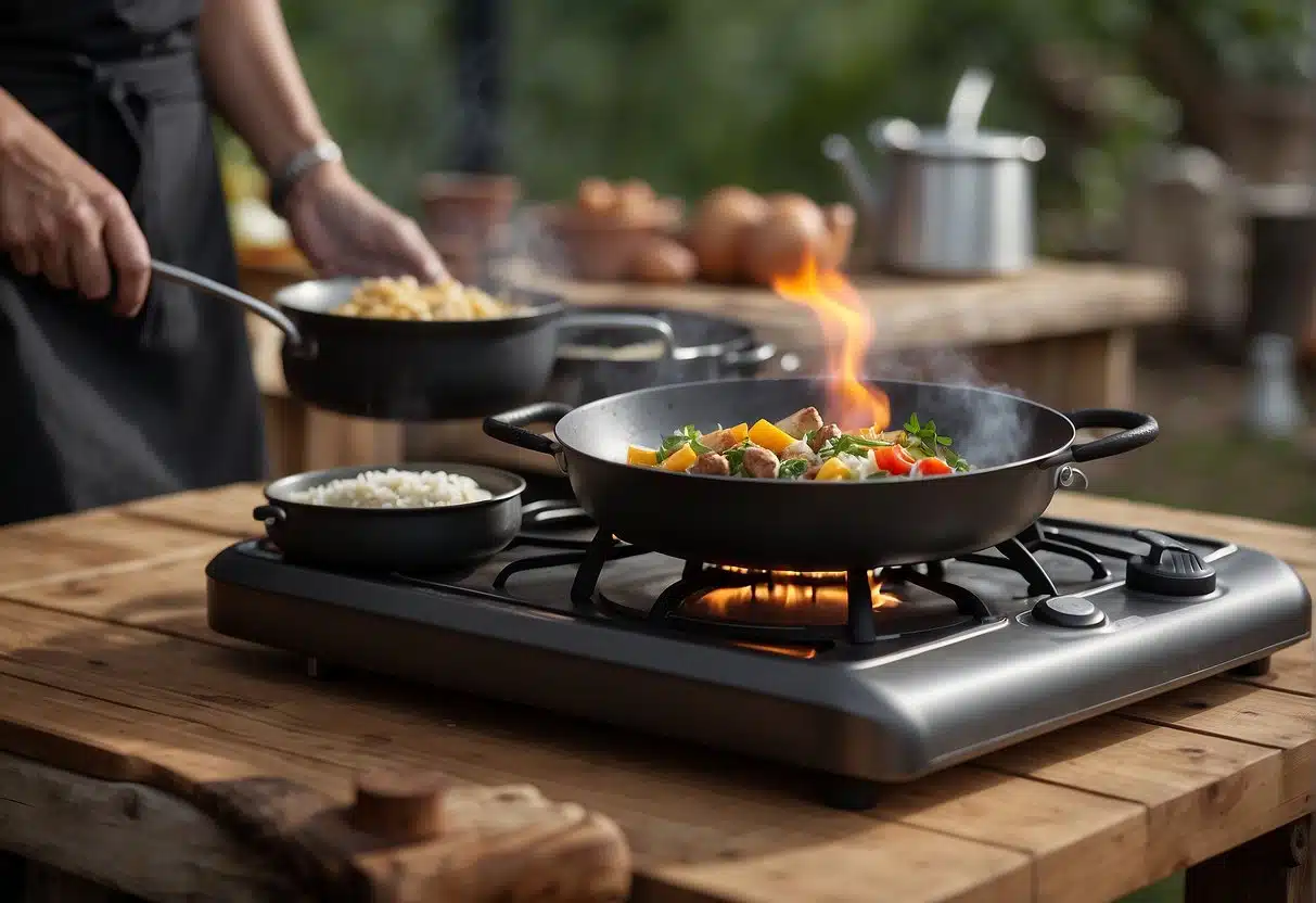 A chef prepares innovative recipes on a portable gas stove in an outdoor setting. Various cooking utensils and ingredients are laid out on a rustic wooden table. The chef's creative dishes are steaming and sizzling in the open air