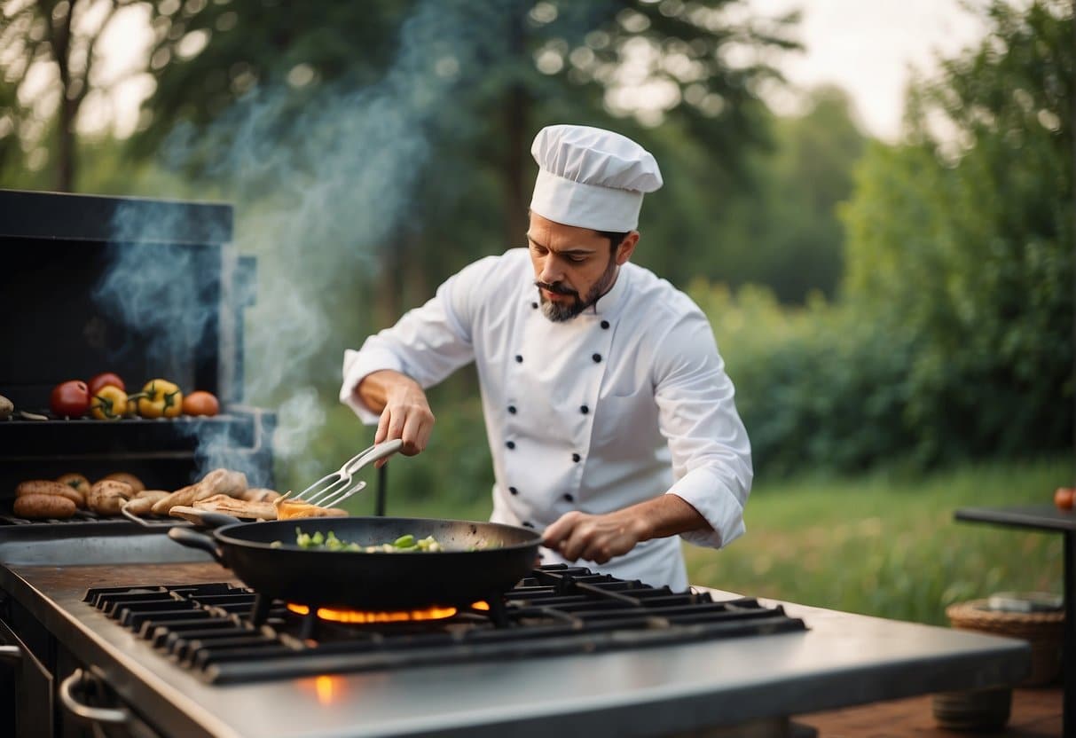 A chef cooks outdoors on a gas stove, surrounded by nature. The chef is preparing innovative recipes in an outdoor kitchen setting