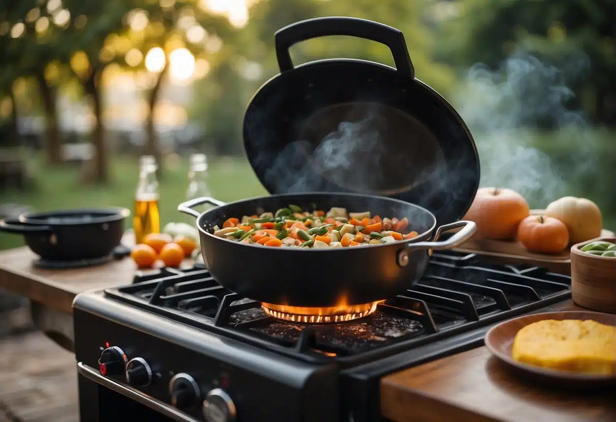 An outdoor cooking scene with innovative recipes being prepared on a gas stove, surrounded by additional cooking equipment