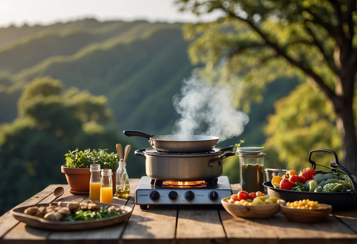 Outdoor cooking setup with a gas stove, various ingredients, and cooking utensils laid out on a table. The scene is surrounded by nature, with trees and a clear blue sky in the background