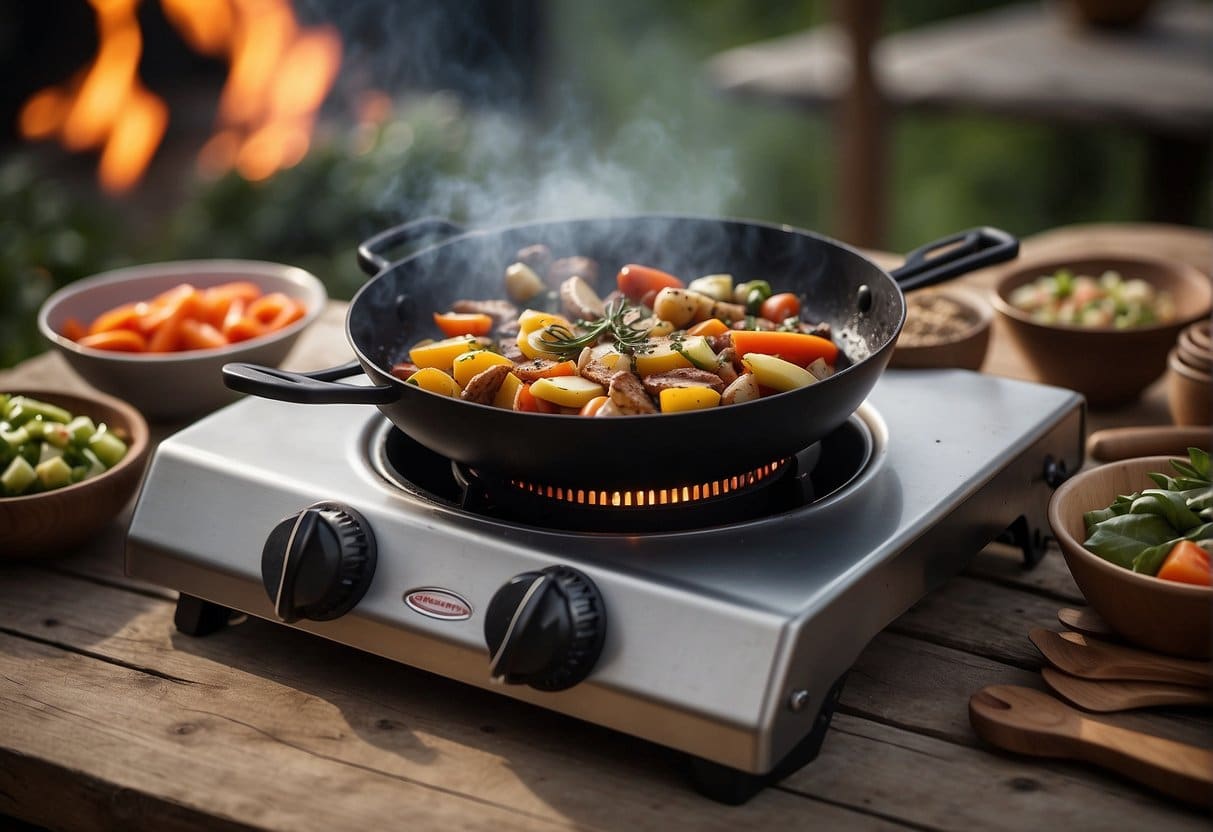 An outdoor gas stove sits on a rustic wooden table, surrounded by fresh ingredients and cooking utensils. Smoke rises from a sizzling pan, adding to the cozy, outdoor cooking scene
