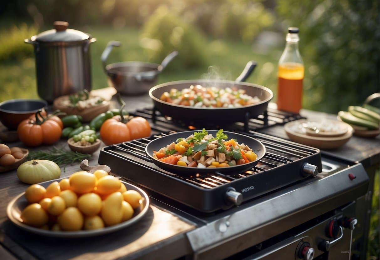 An outdoor cooking scene with a portable gas stove, surrounded by innovative ingredients and cooking utensils, set against a natural backdrop