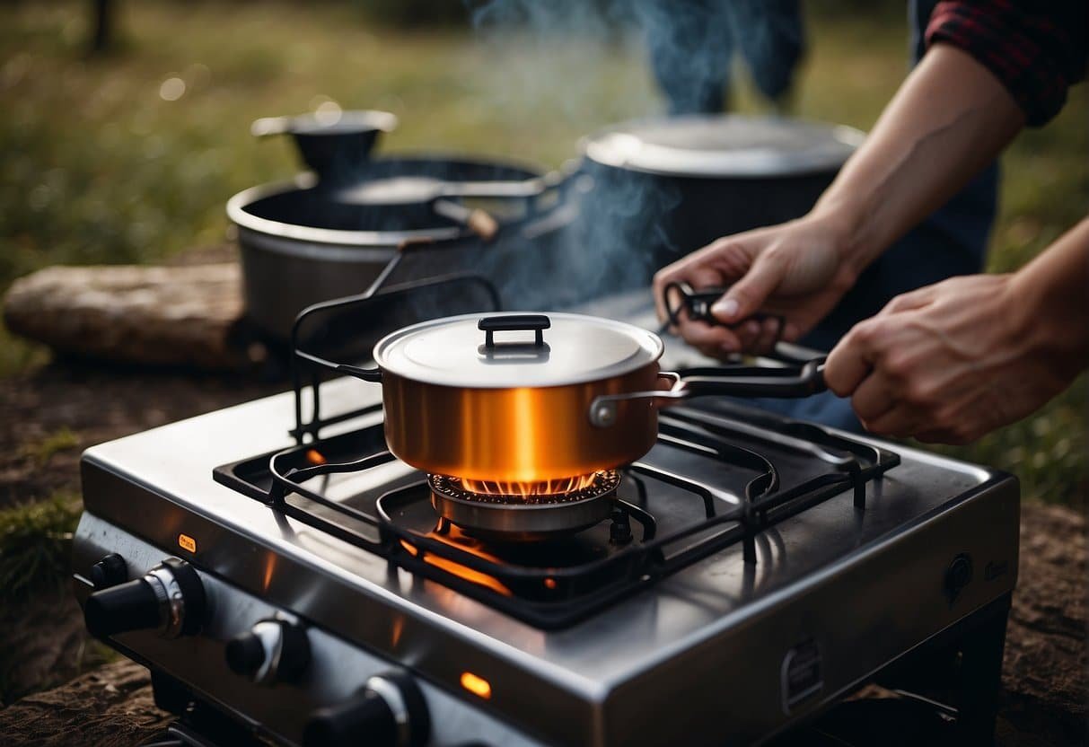 A camping scene with a gas stove being lit and used for cooking, followed by a cleaning process