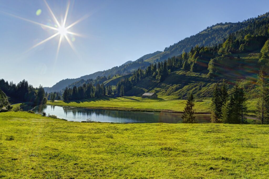 Austria, Vorarlberg, View of Lecknersee Lake in Lecknertal Valley