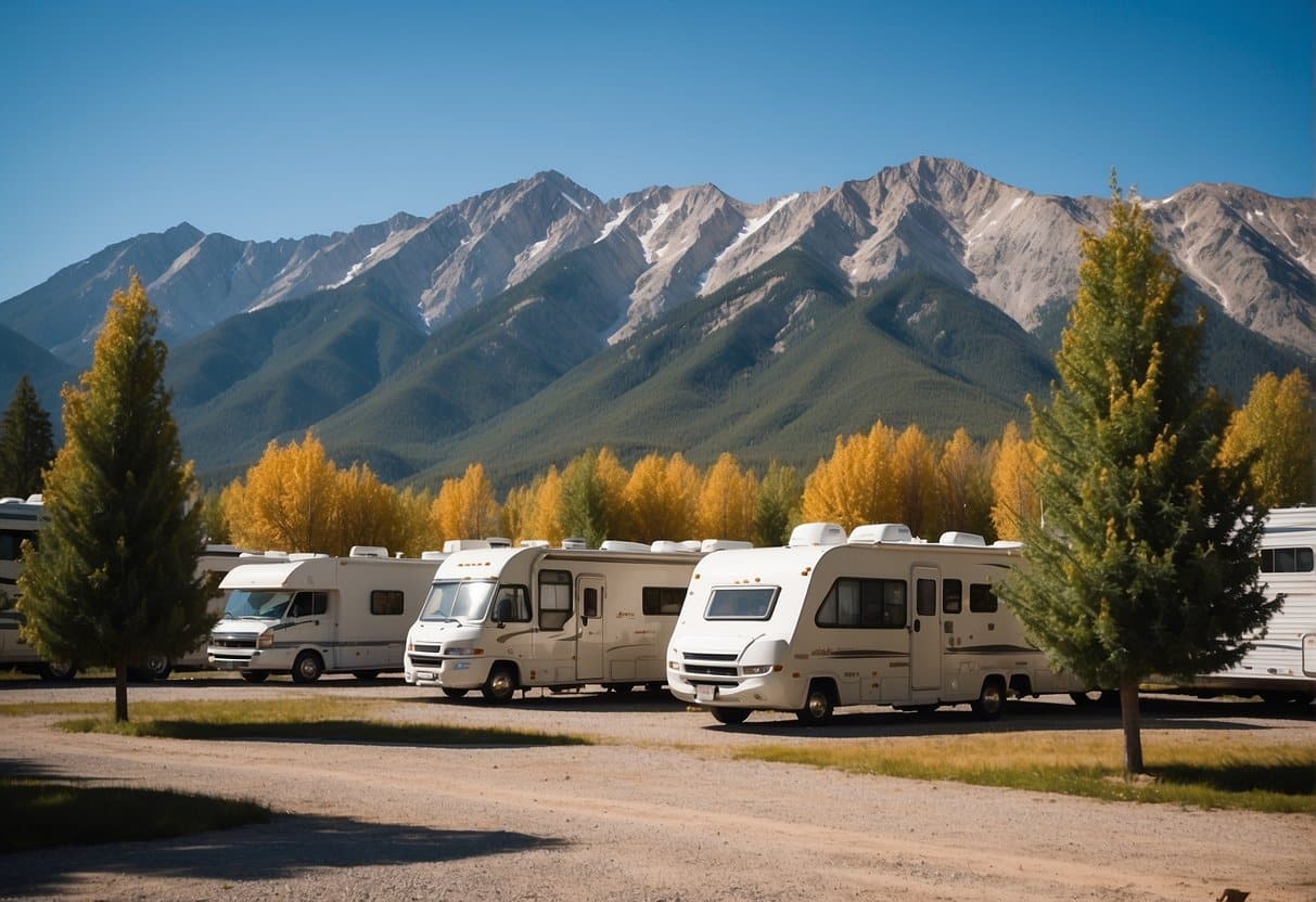 A variety of RVs parked in a spacious lot, with different sizes and styles. Trees and mountains in the background, under a clear blue sky