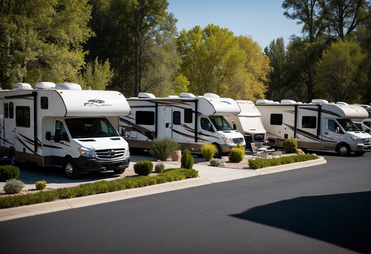 A variety of RVs parked in a spacious outdoor lot, with different sizes, shapes, and designs. Some have awnings and outdoor furniture, while others have sleek, modern exteriors