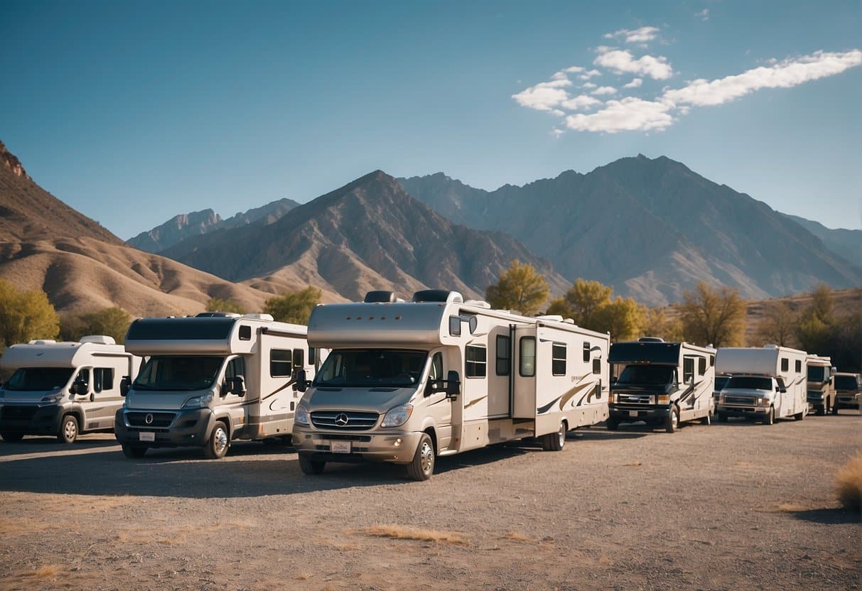 A variety of RVs parked in a spacious outdoor lot, with mountains in the background and a clear blue sky above