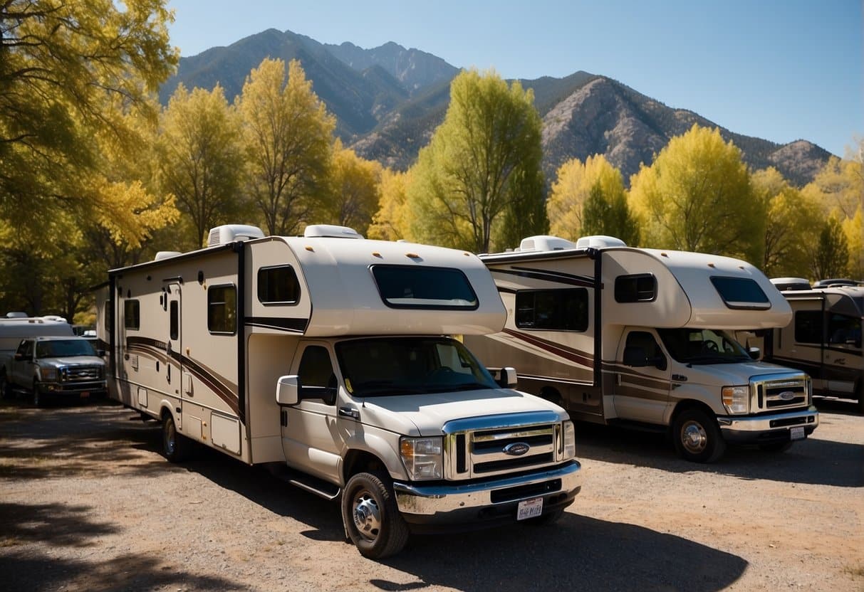 A variety of RVs parked in a spacious lot, surrounded by trees and mountains in the background. Sunshine illuminates the scene, casting a warm glow on the vehicles